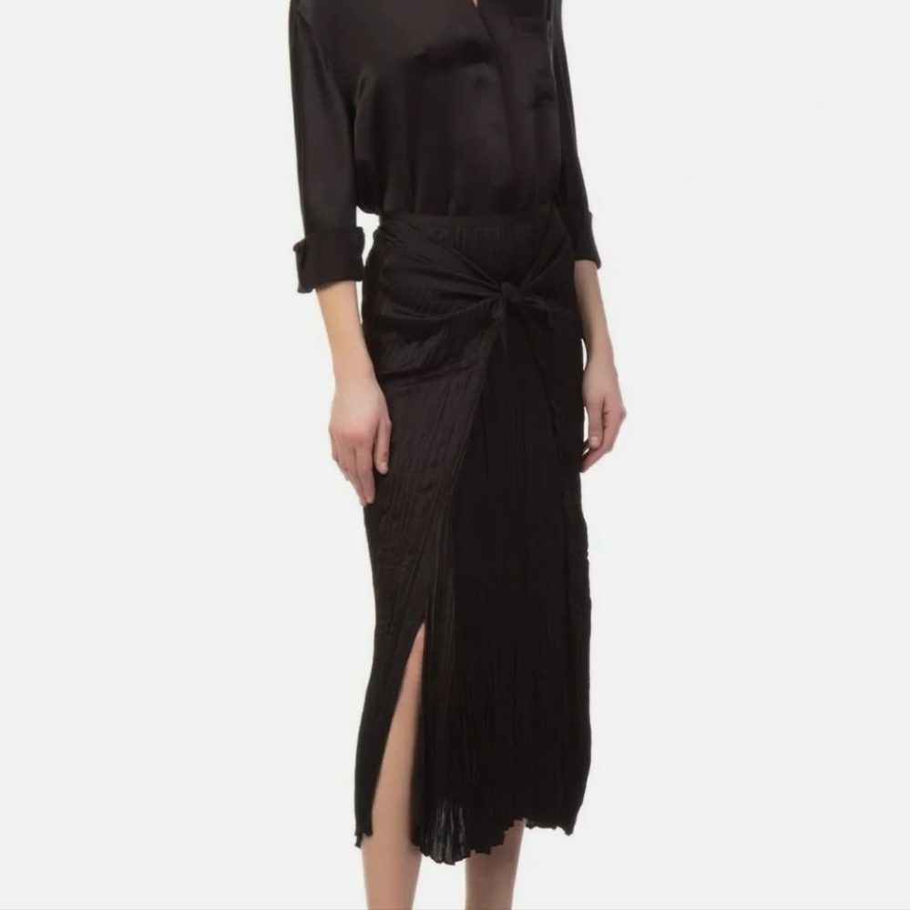 Vince Black Twist-Front Pleated Midi Skirt